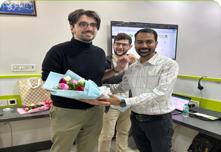 Giving a bouquet to a client