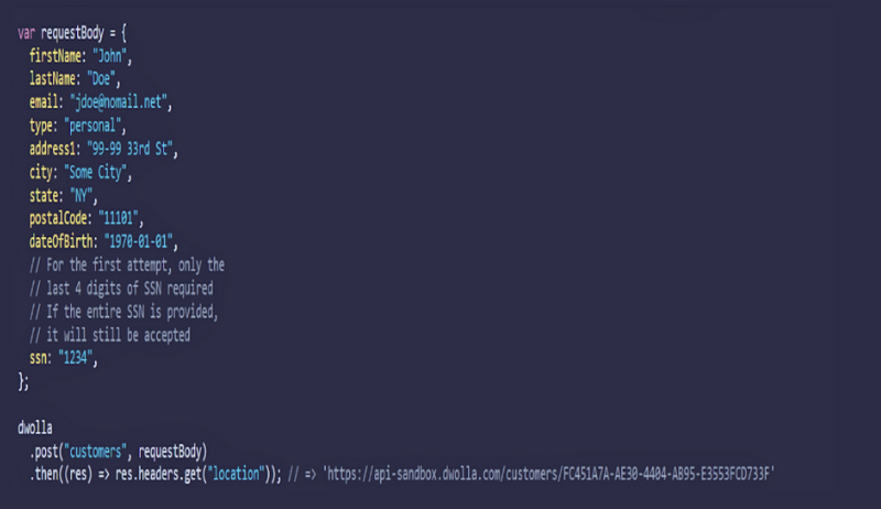 Code Snippet to create a verified customer